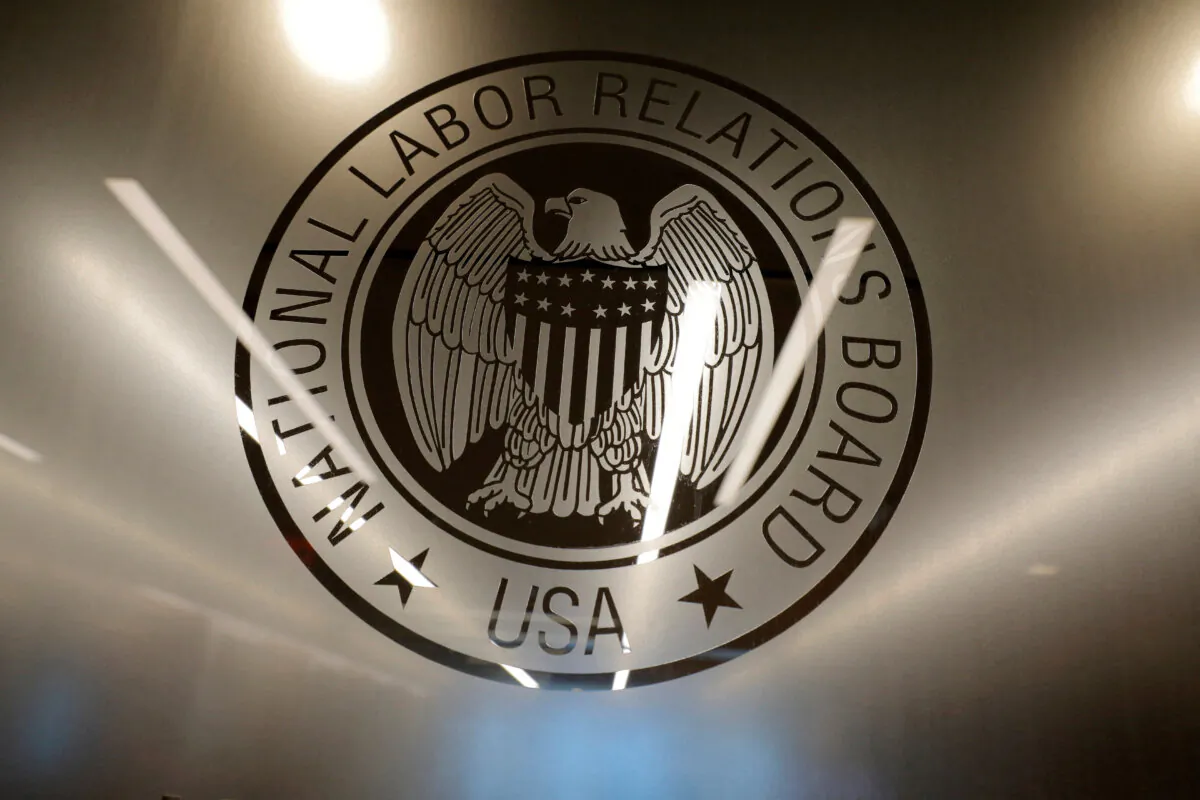 The seal of the National Labor Relations Board is seen at its headquarters in Washington on May 14, 2021. (Andrew Kelly/Reuters)