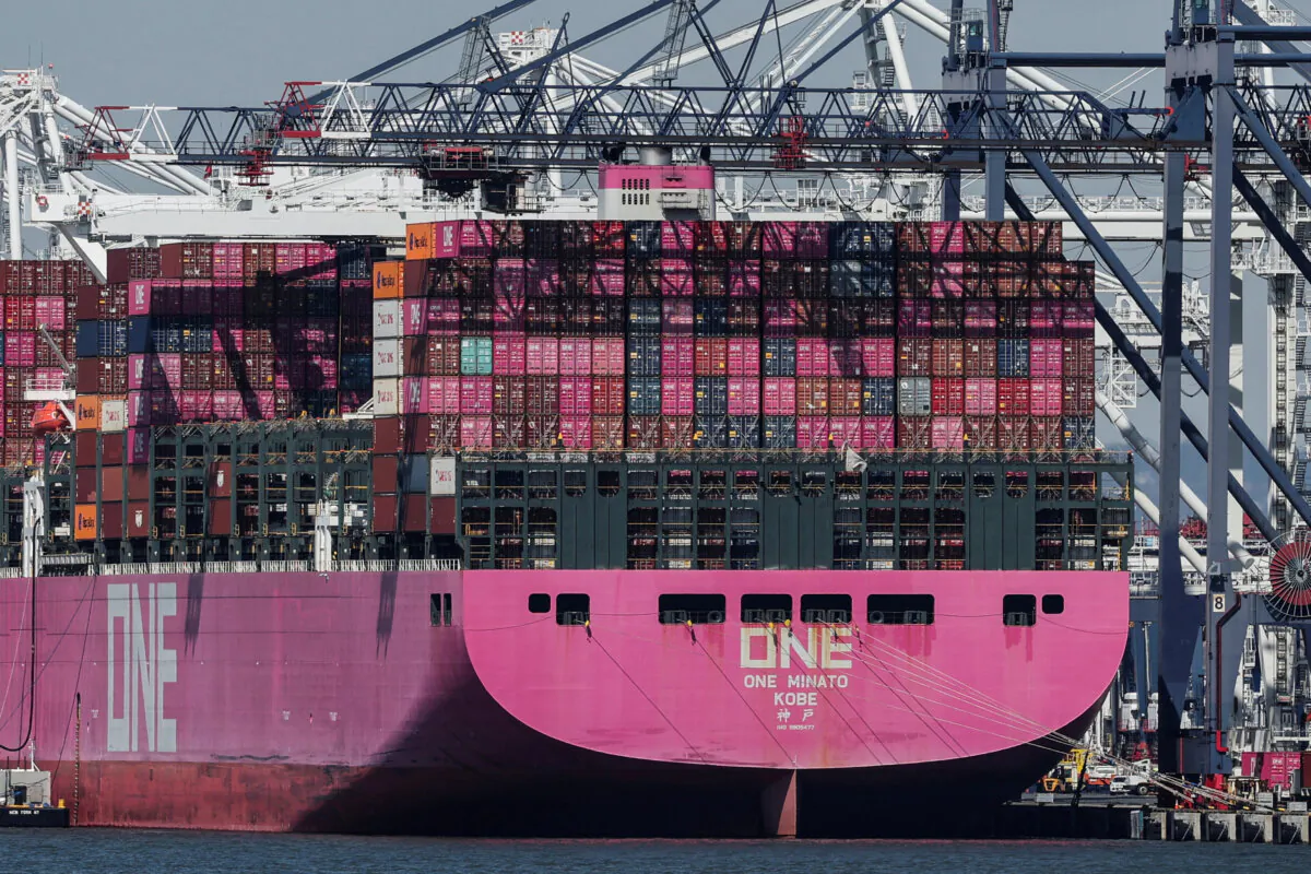 Containers are stacked on the deck of cargo ship One Minato at Port Liberty New York in Staten Island, New York, on April 2, 2025. (Jeenah Moon/Reuters)