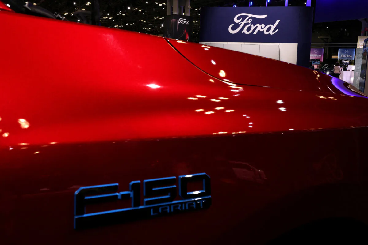 A Ford automobile logo displayed during the New York International Auto Show Press Preview in New York, on April 16, 2025. (Shannon Stapleton/Reuters)