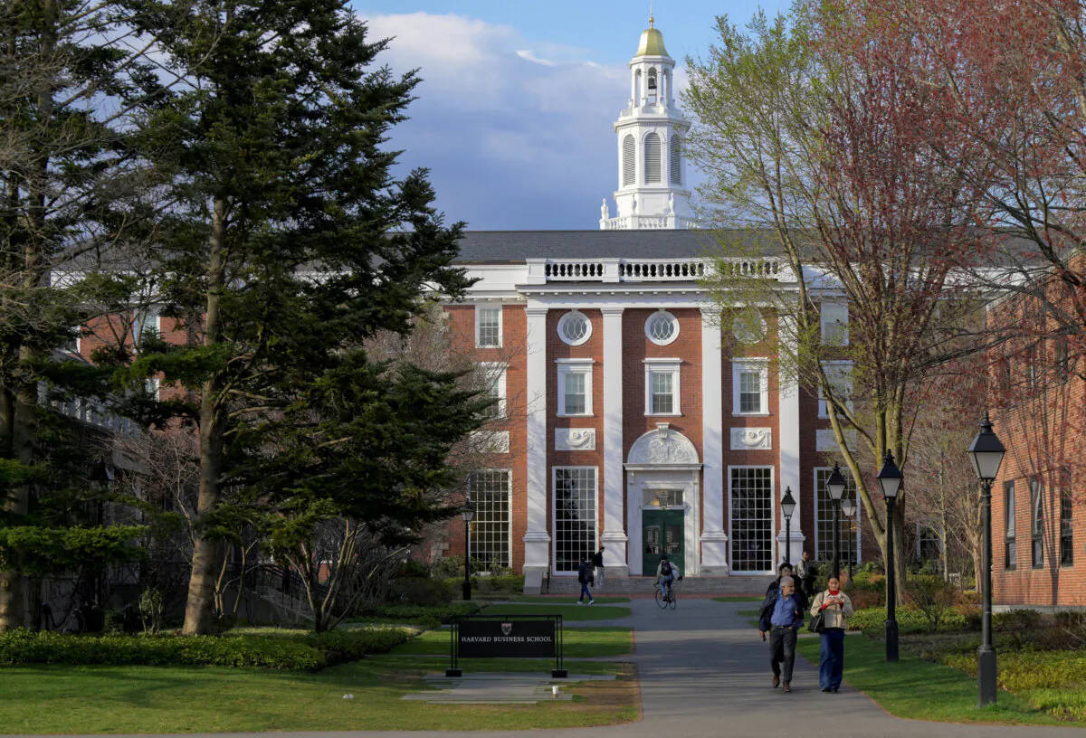 The business school campus of Harvard University in Cambridge, Mass., on April 15, 2025. (Faith Ninivaggi/Reuters)