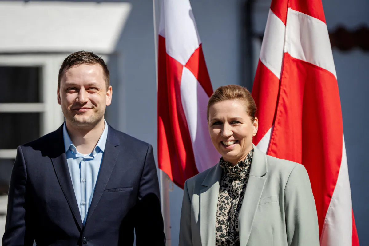 Danish Prime Minister Mette Frederiksen (R) receives Greenland's Prime Minister Jens-Frederik Nielsen ahead of a meeting at Marienborg in Kongens Lyngby, Denmark, on April 27, 2025. (Ritzau Scanpix/Mads Claus Rasmussen via Reuters)