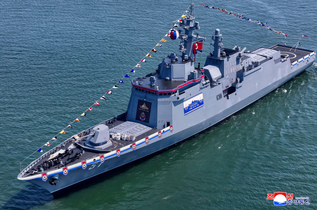 A view of a "new multipurpose destroyer," as per state media KCNA's reports, in Nampo, North Korea, in this handout picture released on April 26, 2025, by the Korean Central News Agency. (KCNA via Reuters)