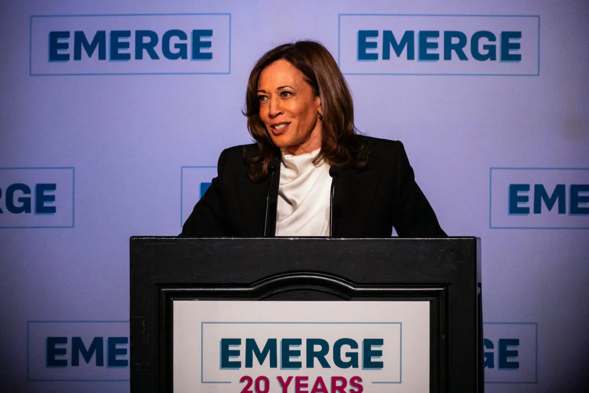 Former U.S. Vice President Kamala Harris speaks at the Emerge 20th Anniversary Gala in San Francisco, Calif., on April 30, 2025. (Camille Cohen/AFP via Getty Images)