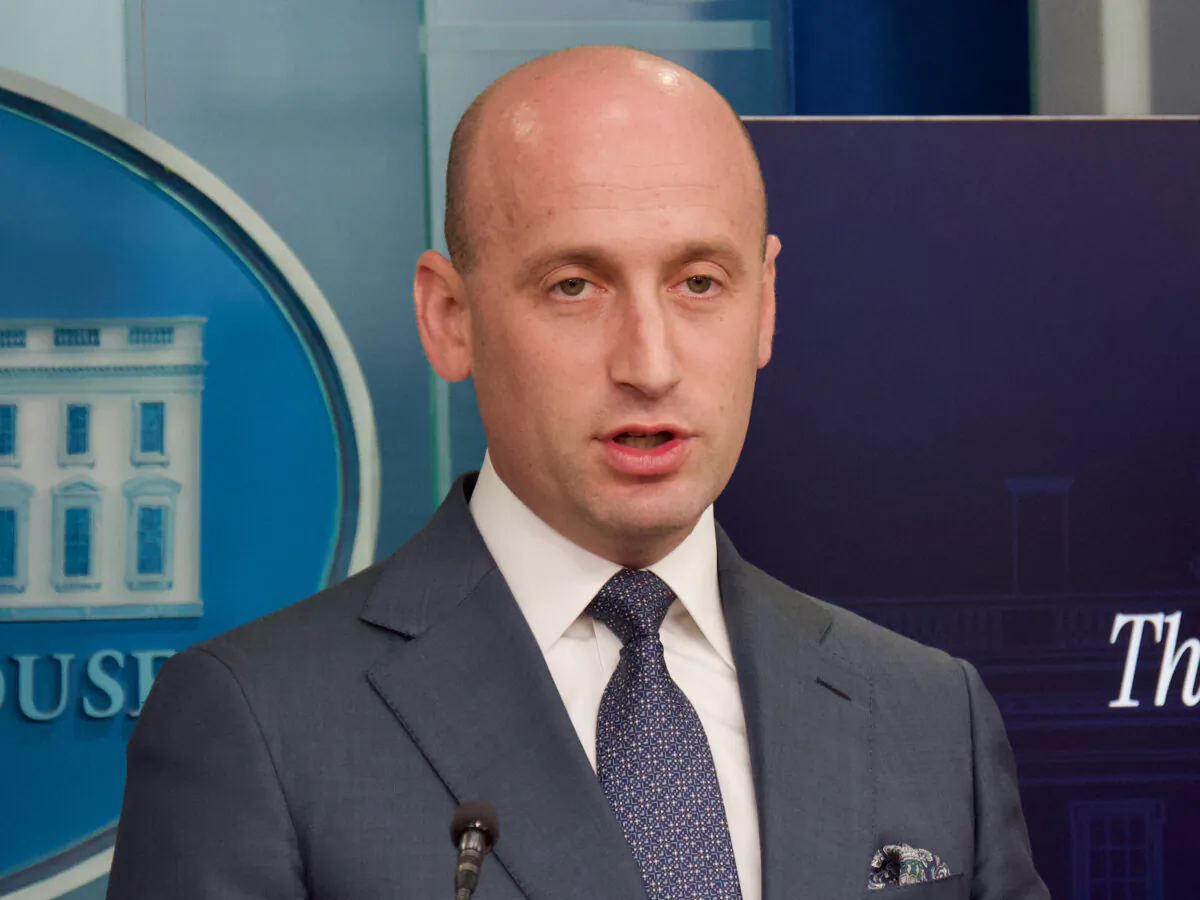 Stephen Miller, White House deputy chief of staff, speaks to reporters during a briefing at the White House on May 1, 2025. (Travis Gillmore/The Epoch Times)