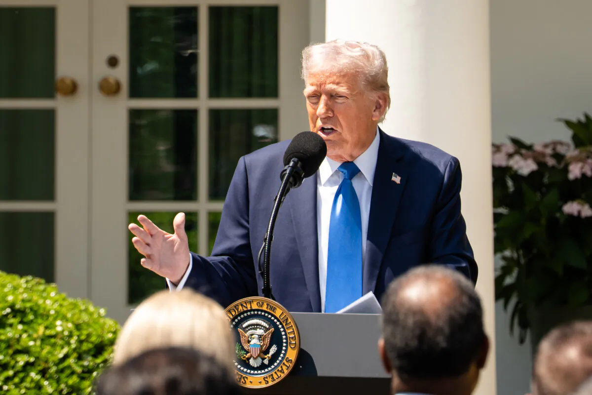 President Donald Trump speaks during the National Day of Prayer event at the Rose Garden of the White House in Washington on May 1, 2025. (Madalina Vasiliu/The Epoch Times)