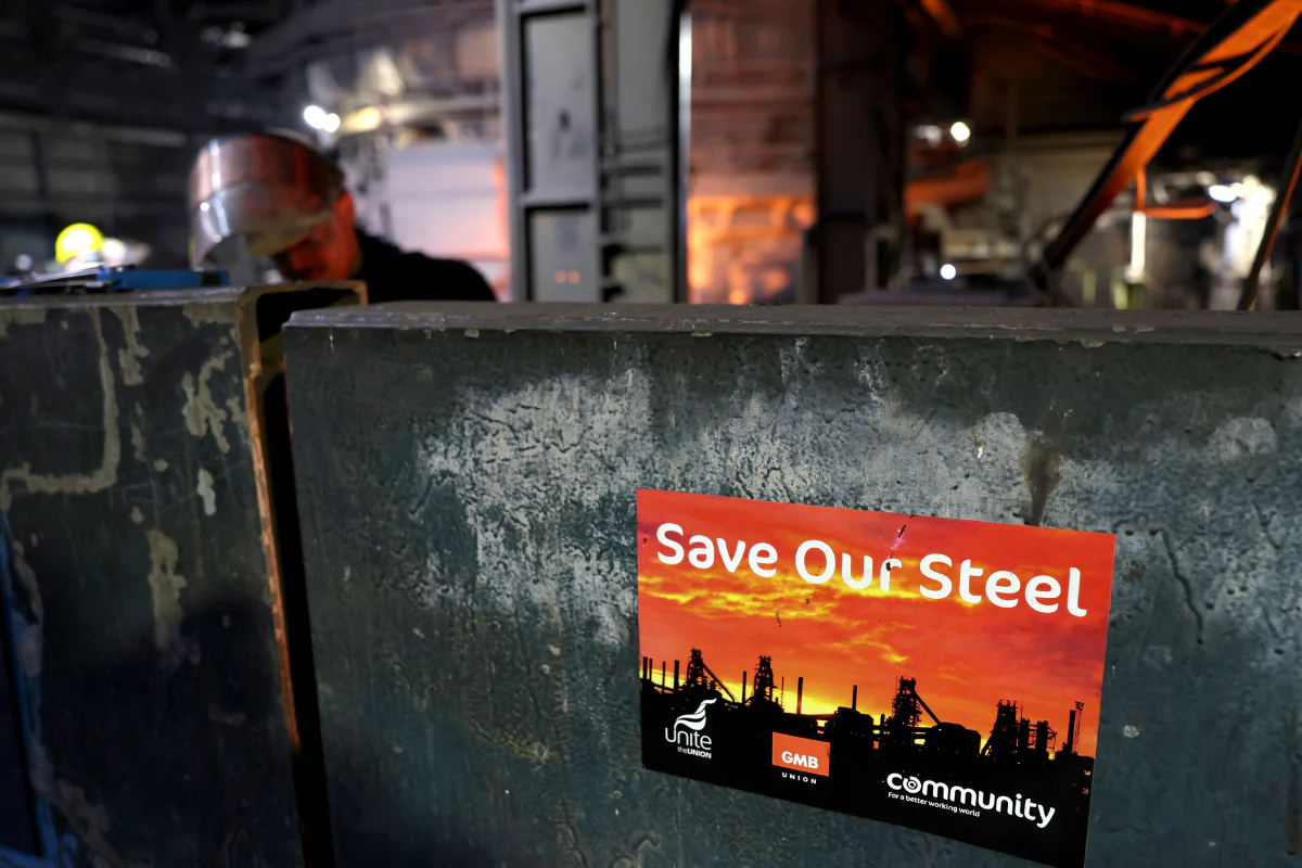 A Save our Steel sign at the British Steel site in Scunthorpe, Lincolnshire, England, on April 15, 2025. (Darren Staples/PA Wire)