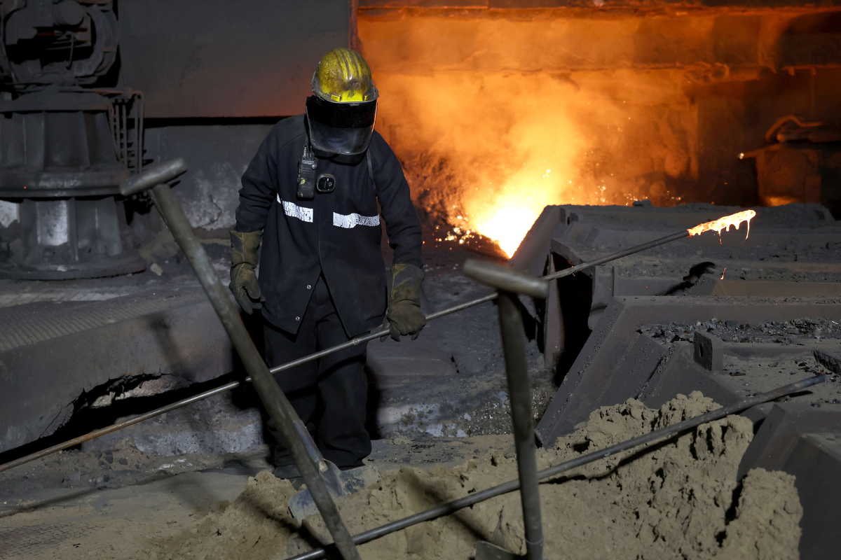 A steel worker at one of the blast furnaces at the British Steel site in Scunthorpe, Lincolnshire, England, on April 15, 2025. (Darren Staples/PA Wire)