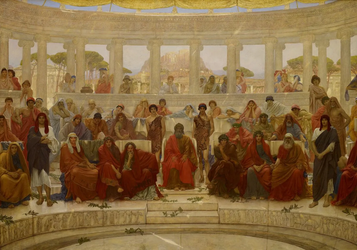 "An Audience in Athens During 'Agamemnon' by Aeschylus," 1884, by William Blake Richmond. Oil on canvas; 84 3/5 inches by 10 feet. Birmingham, England. (Public Domain