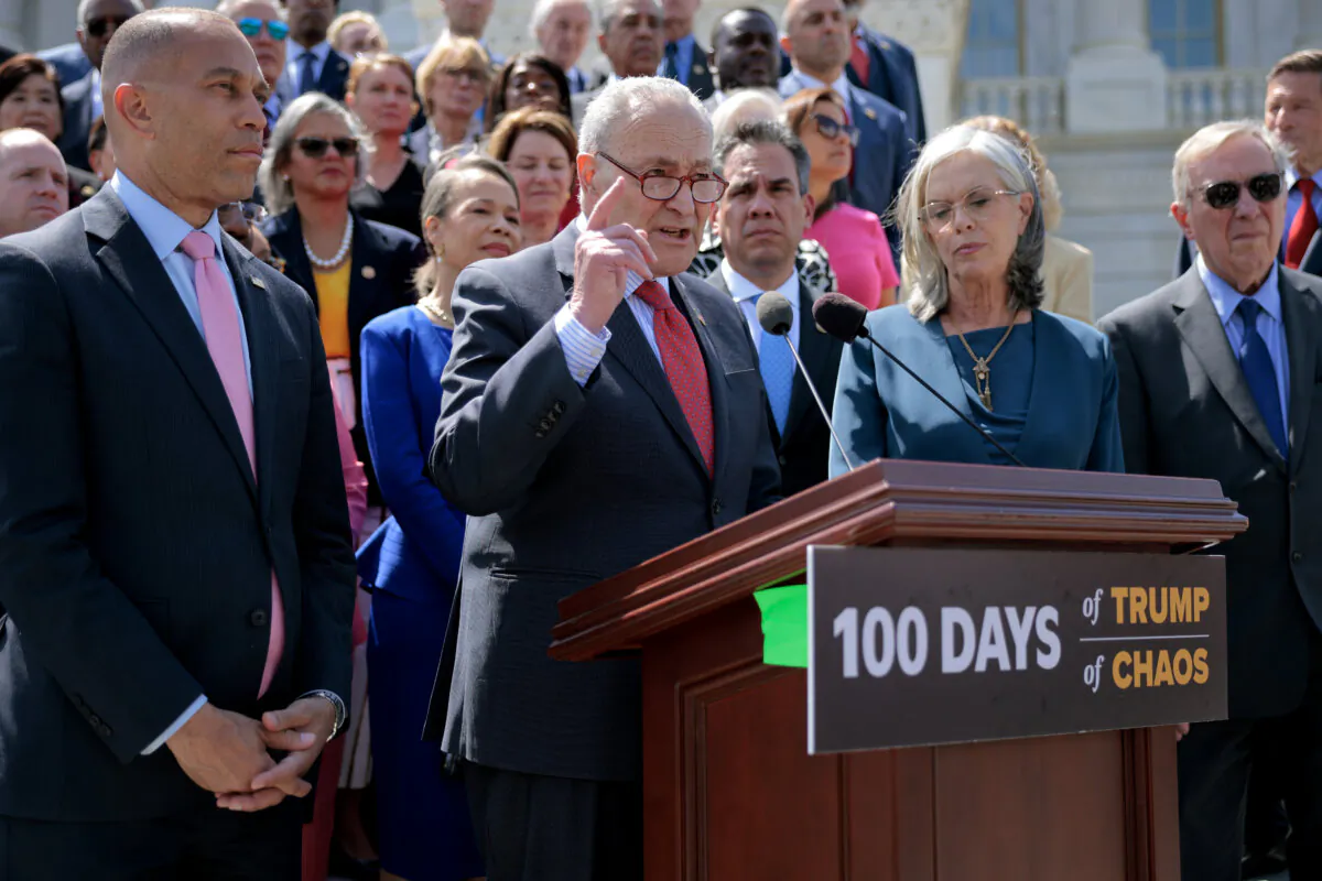Senate Minority Leader Chuck Schumer (D-N.Y.) (C), House Minority Leader Hakeem Jeffries (D-N.Y.) (L) and fellow Democratic lawmakers mark the first 100 days of President Donald Trump's second term in the White House outside the U.S. Capitol in Washington on April 30, 2025. (Chip Somodevilla/Getty Images)