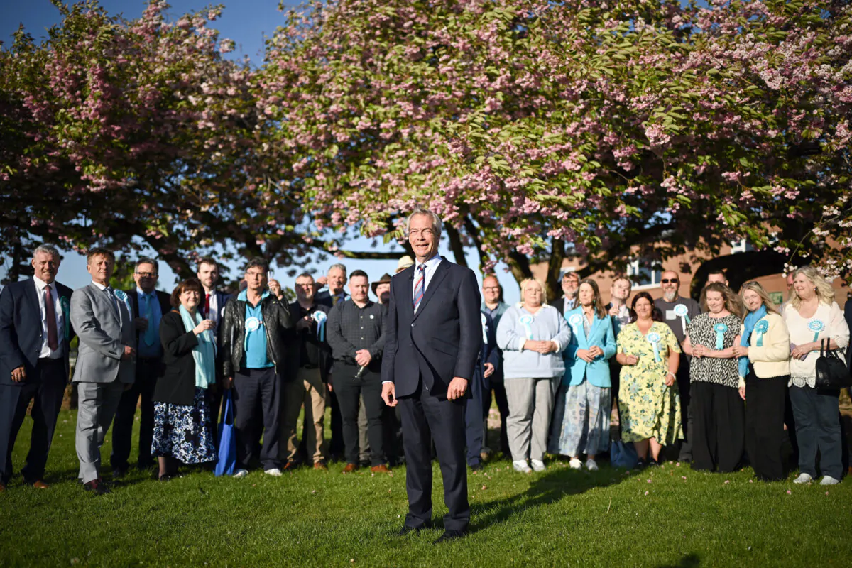 Leader of Reform UK Nigel Farage addresses supporters and the media at Staffordshire County Showground after Reform UK won control of Staffordshire County Council by winning 49 out of 62 seats available with 41 percent of the overall votes on May 2, 2025 in Stafford, United Kingdom. (Leon Neal/Getty Images)