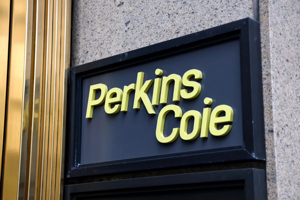 The office of the law firm Perkins Coie in Washington on April 10, 2025. (Kevin Dietsch/Getty Images)