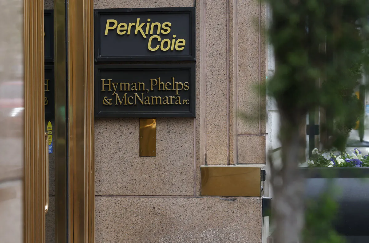 The office of the law firm Perkins Coie is seen in Washington, on April 10, 2025. (Photo by Kevin Dietsch/Getty Images)