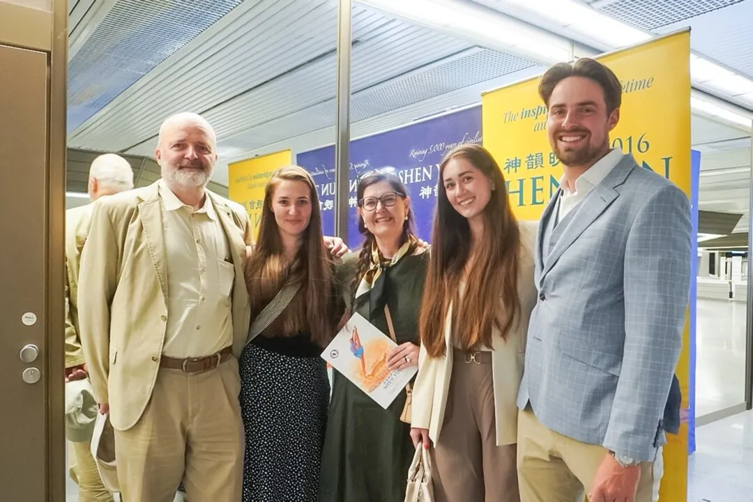 On the evening of May 2, 2025, Renáta Pavoučková (C), along with her husband Petr Pavouček (L), daughter, son Dominik Pavouček (R), and his girlfriend, attended Shen Yun Performing Arts at the Prague Congress Centre in the Czech Republic. (Mary Man/The Epoch Times)