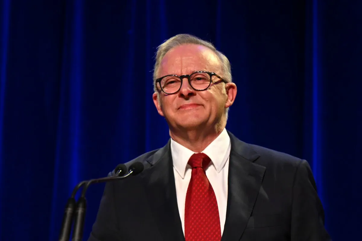 Australian Prime Minister Anthony Albanese speaks at the Labor Election Night function at Canterbury-Hurlstone Park RSL Club on Election Day of the 2025 federal election campaign, Sydney, Saturday, May 3, 2025. (AAP Image/Lukas Coch) NO ARCHIVING