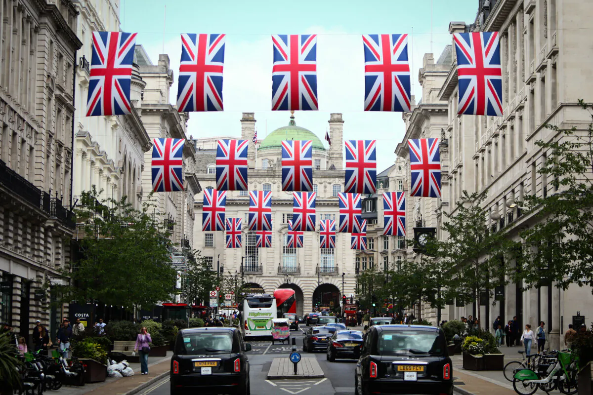 Union Jack flags are displayed on Regent Street St James's ahead of VE Day 80 on May 4, 2025, in London as the UK marked the 80th anniversary of victory in Europe during World War II. (Alishia Abodunde/Getty Images)