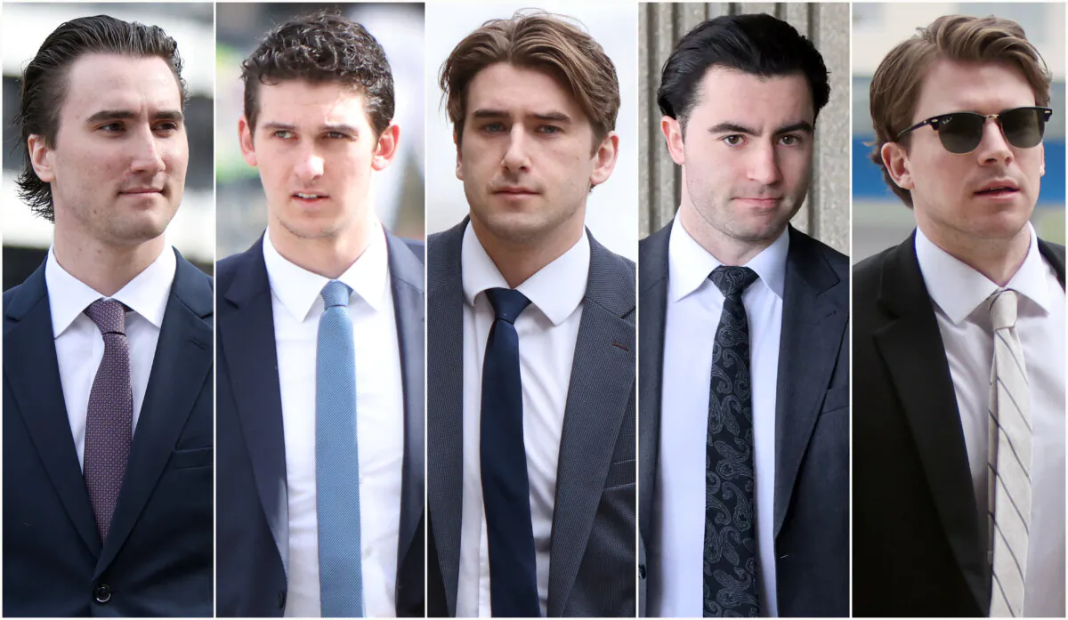 A composite image of five photographs show former members of Canada's 2018 World Juniors hockey team (L-R), Alex Formenton, Cal Foote, Michael McLeod, Dillon Dube and Carter Hart as they individually arrived to court in London, Ont., on April 30, 2025. (The Canadian Press/Nicole Osborne) 