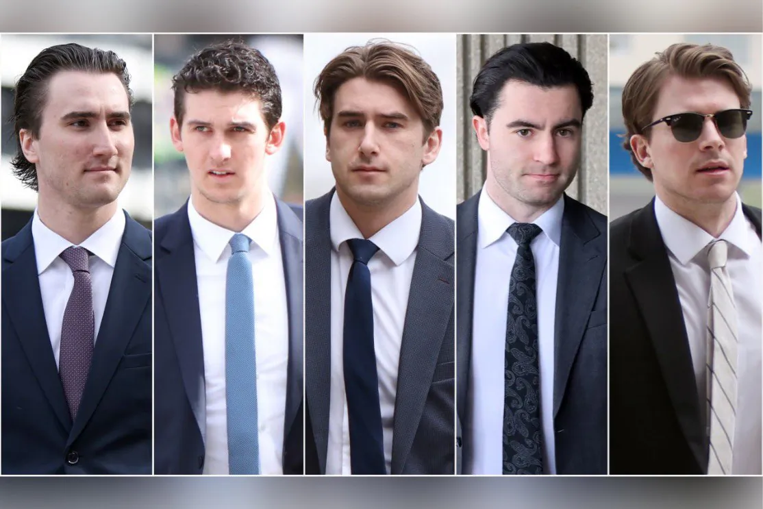 A composite image of five photographs show former members of Canada's 2018 World Juniors hockey team (L-R), Alex Formenton, Cal Foote, Michael McLeod, Dillon Dubé, and Carter Hart as they individually arrived to court in London, Ont., on April 30, 2025. (The Canadian Press/Nicole Osborne) 