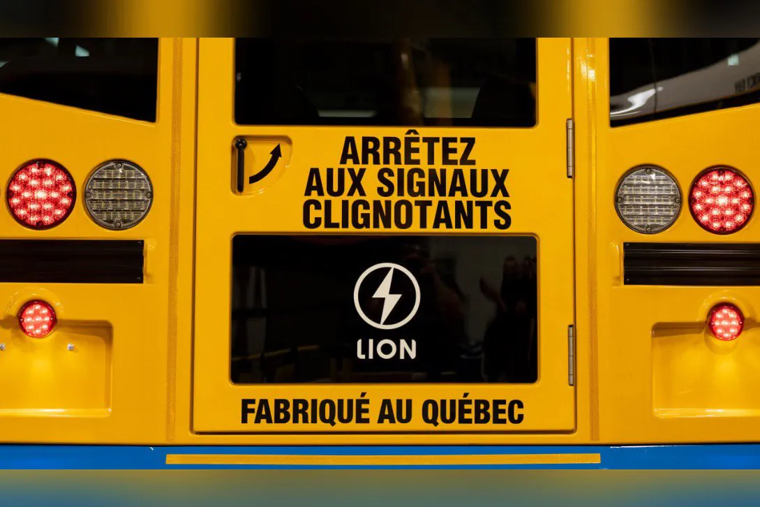 The rear door of the Lion C electric bus, manufactured in Quebec, is seen in the Lion Electric Company assembly plant in St-Jerome, Que., on Aug. 21, 2023. (The Canadian Press/Christinne Muschi)