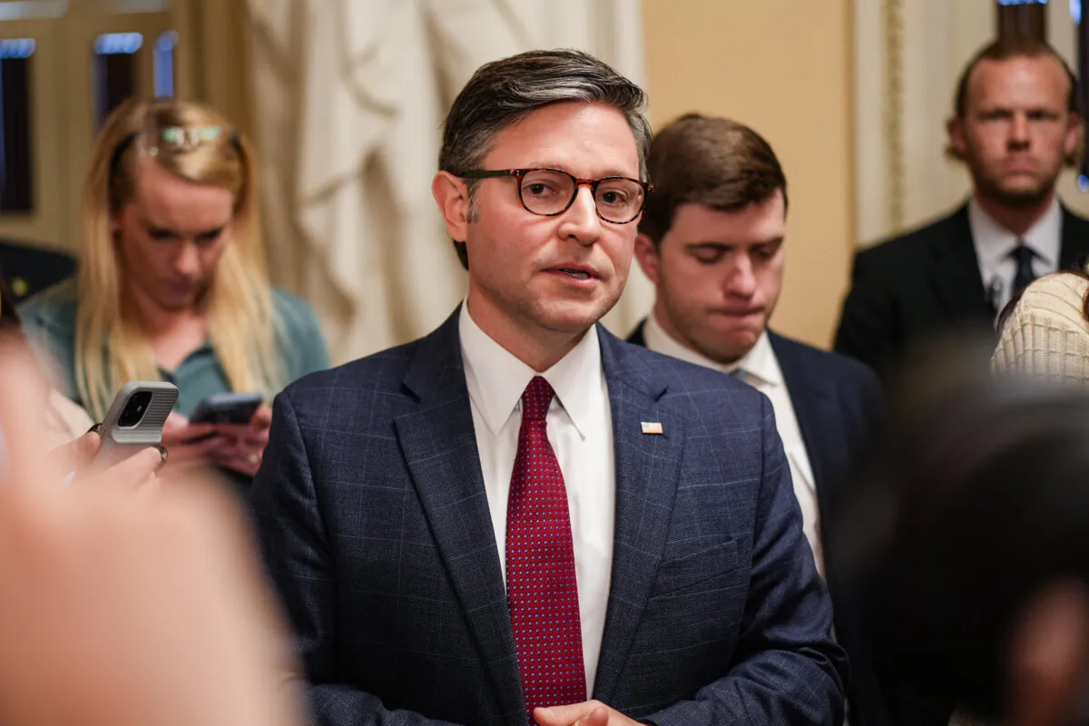 House Speaker Mike Johnson (R-La.) speaks to reporters on Capitol Hill in Washington on May 5, 2025. (Madalina Vasiliu/The Epoch Times)