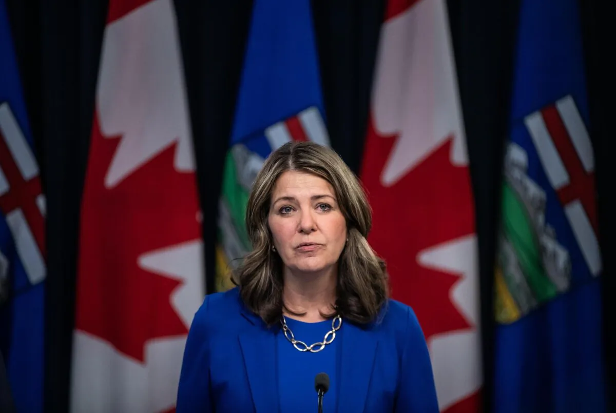 Alberta Premier Danielle Smith speaks in Edmonton on April 29, 2025. (Jason Franson/The Canadian Press)