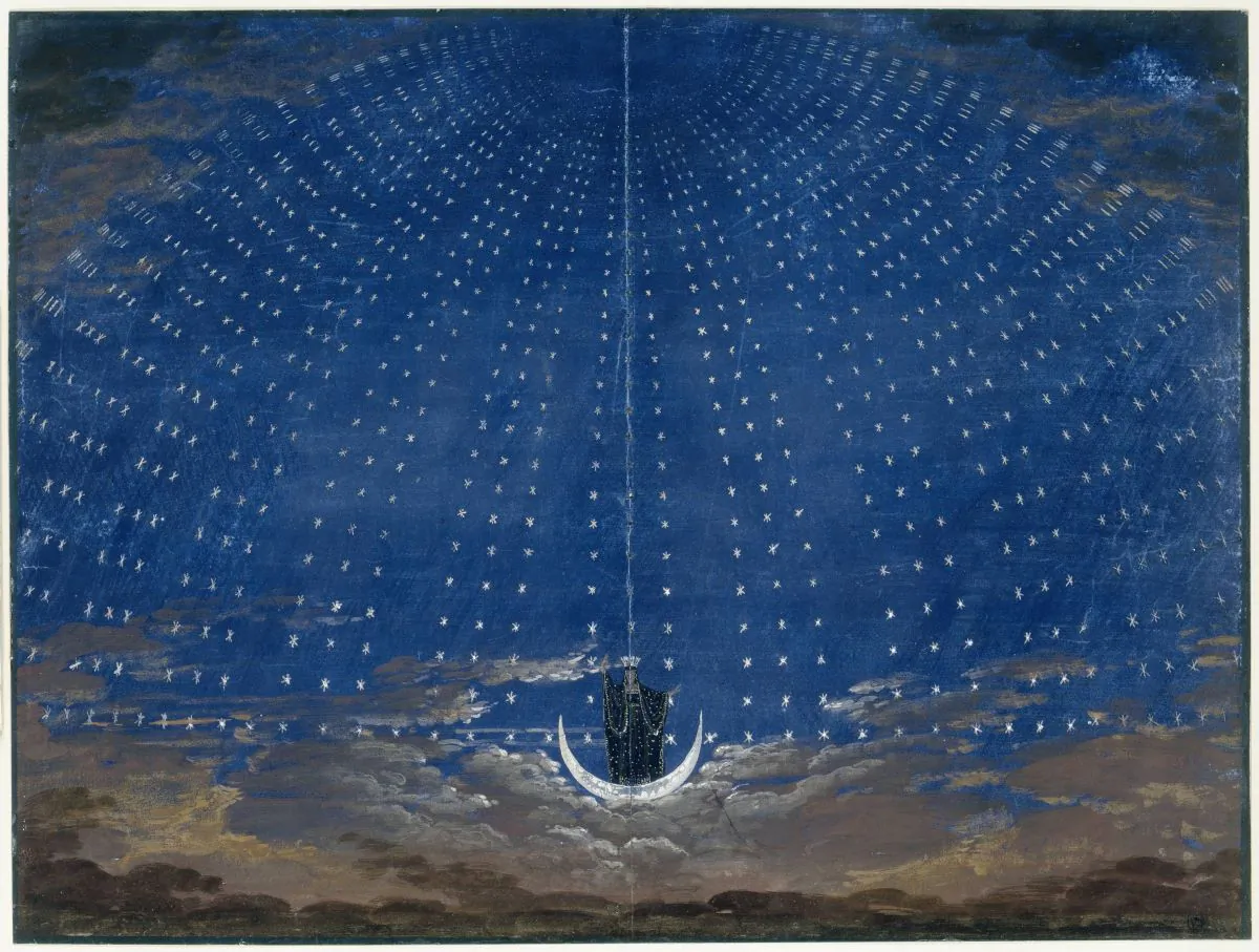 The arrival of the Queen of the Night. Elaborate stage set by Karl Friedrich Schinkel for an 1815 production of "The Magic Flute." (Public Domain)