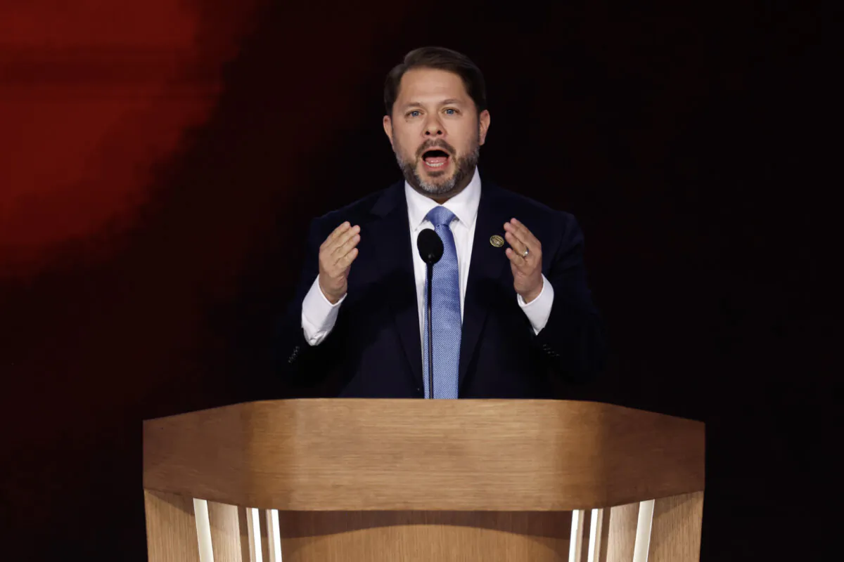 Rep. Ruben Gallego (D-Ariz.) speaks on stage during the final day of the Democratic National Convention at the United Center in Chicago on Aug. 22, 2024. (Chip Somodevilla/Getty Images)