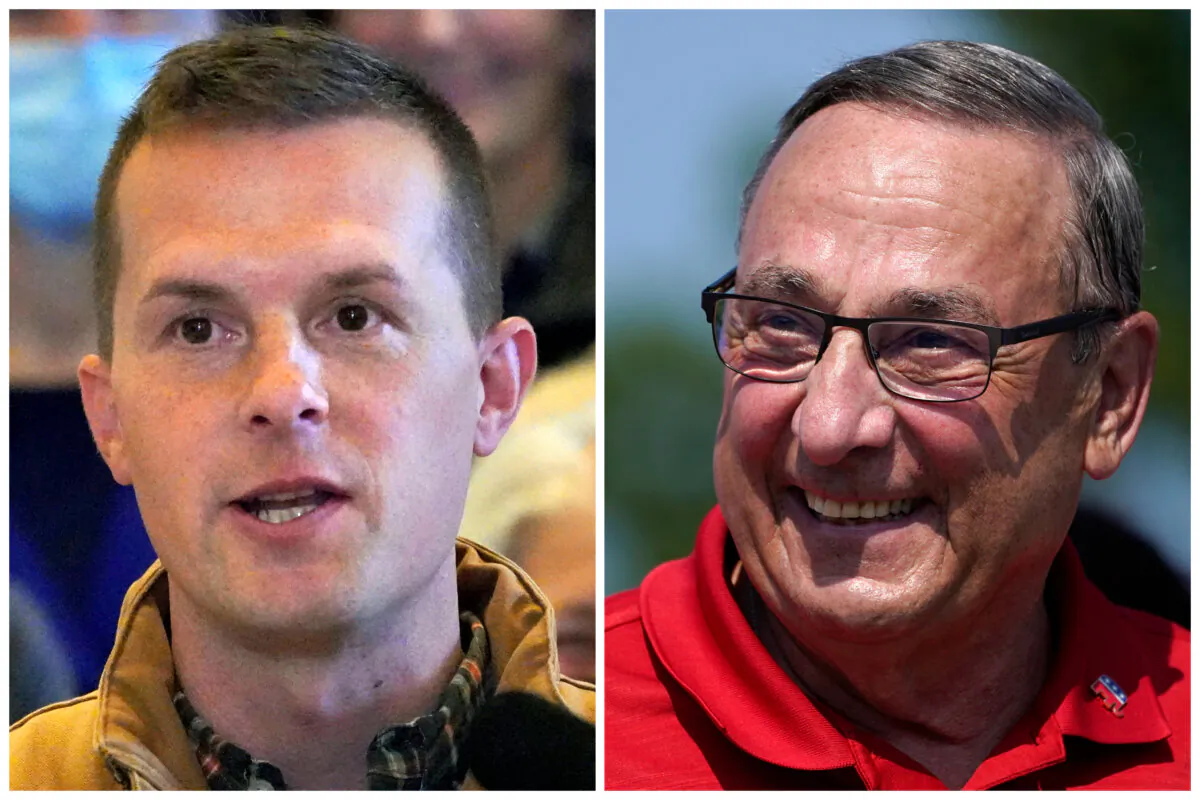 (Left) Rep. Jared Golden (D-Maine) speaks at a news conference in Augusta, Maine, on Nov. 1, 2022. (Right) Former Gov. Paul LePage marches in the State of Maine Bicentennial Parade in Lewiston, Maine, on Aug. 21, 2021. (Robert F. Bukaty/AP Photo)