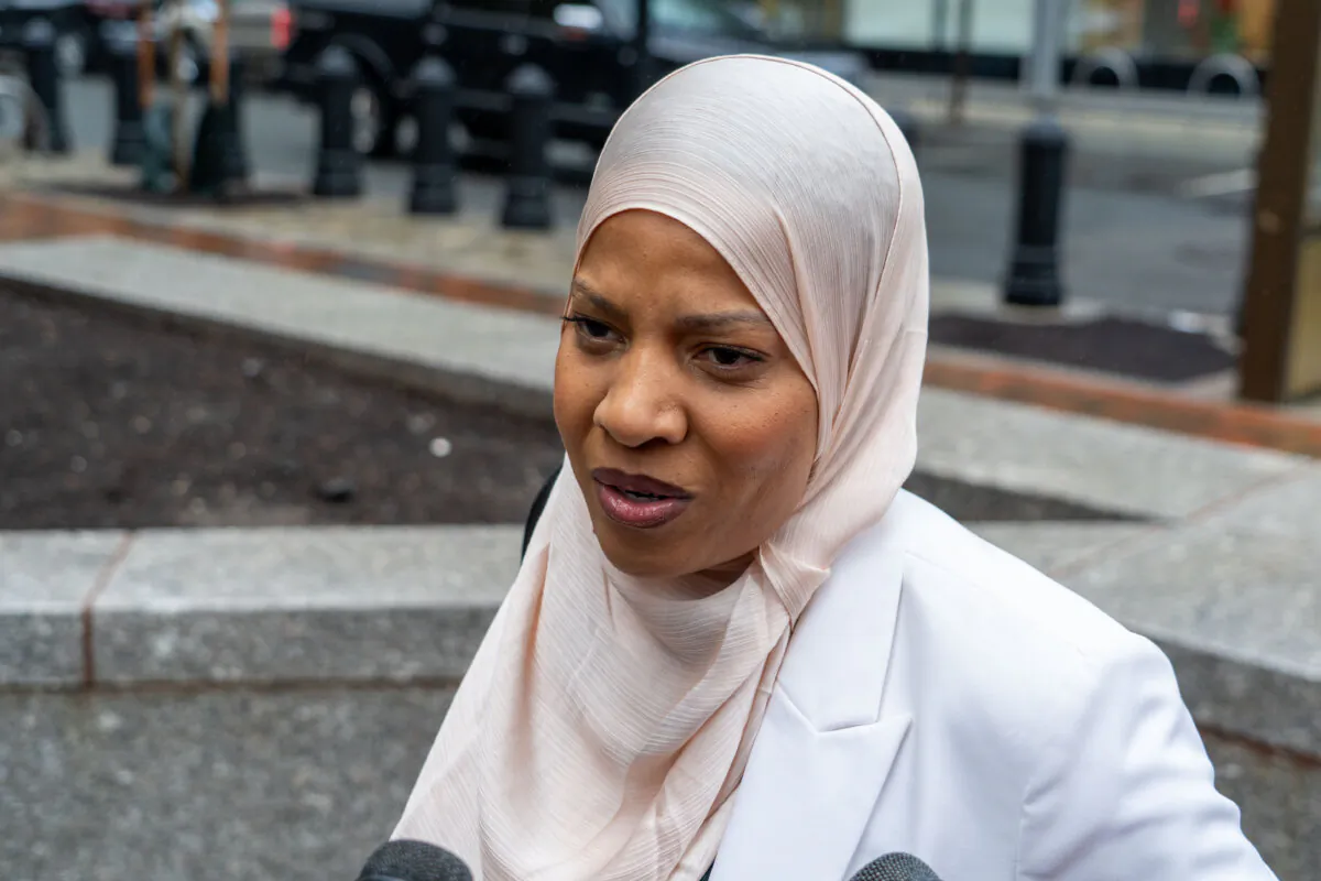 Boston City Council member Tania Fernandes Anderson arrives at the U.S. District Court for the District of Massachusetts before pleading guilty to federal corruption charges, in Boston on May 5, 2025. (Learner Liu/The Epoch Times)