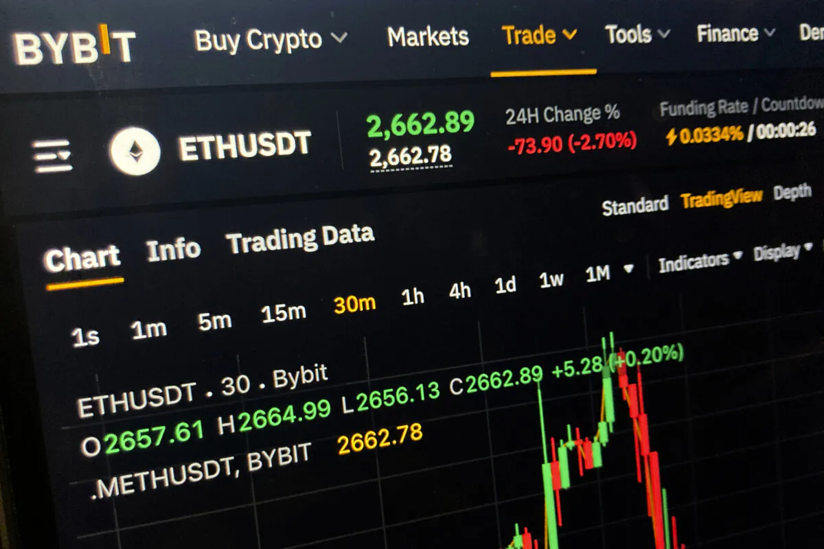 A price chart on the Bybit website for the cryptocurrency Ethereum on a computer screen in New York City on Feb. 21, 2025. (Patrick Sison/AP Photo)