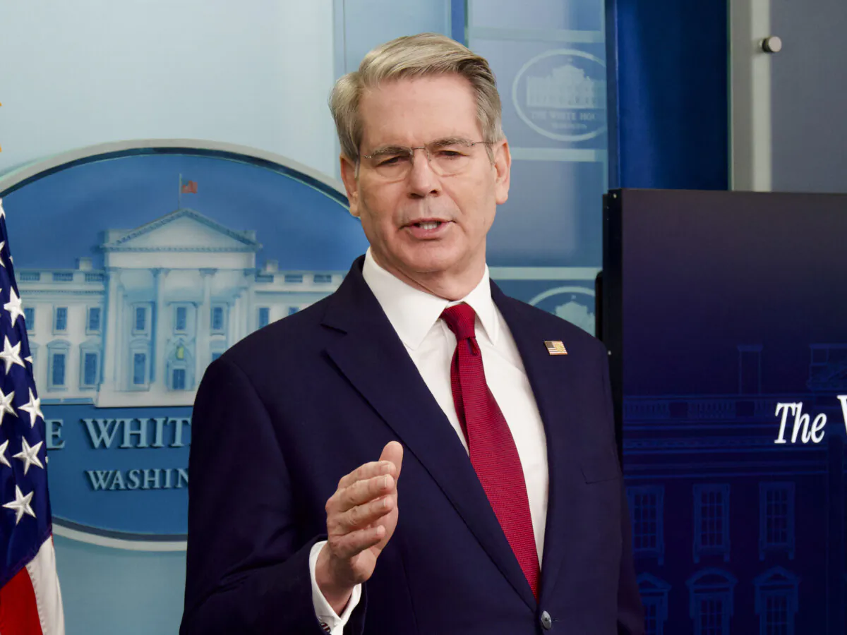 Treasury Secretary Scott Bessent speaks to reporters during a briefing at the White House in Washington, D.C., on April 29, 2025. (Travis Gillmore/The Epoch Times)