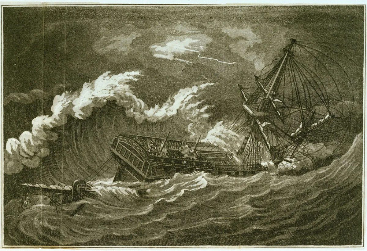 HMS Phoenix (1759) in a hurricane. (Public Domain)