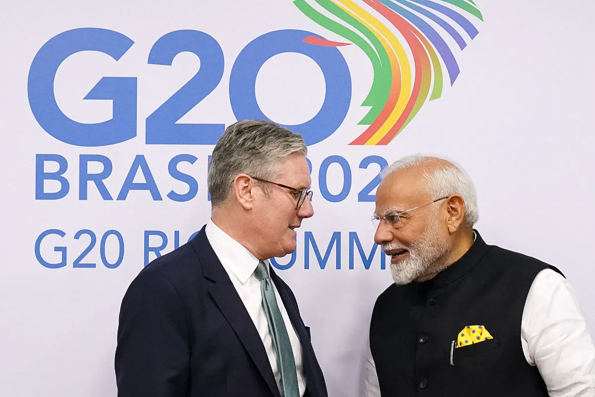 British Prime Minister Sir Keir Starmer (L) during a bilateral meeting with Indian Prime Minister Narendra Modi at the G20 summit at the Museum of Modern Art in Rio de Janeiro, Brazil, on Nov. 18, 2024. (Stefan Rousseau/PA Wire)