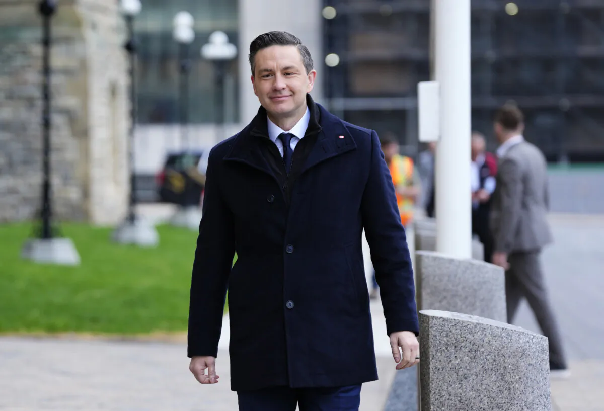 Conservative Leader Pierre Poilievre arrives on Parliament Hill for a meeting of the Conservative caucus following the federal election, in Ottawa on May 6, 2025. (The Canadian Press/Justin Tang)