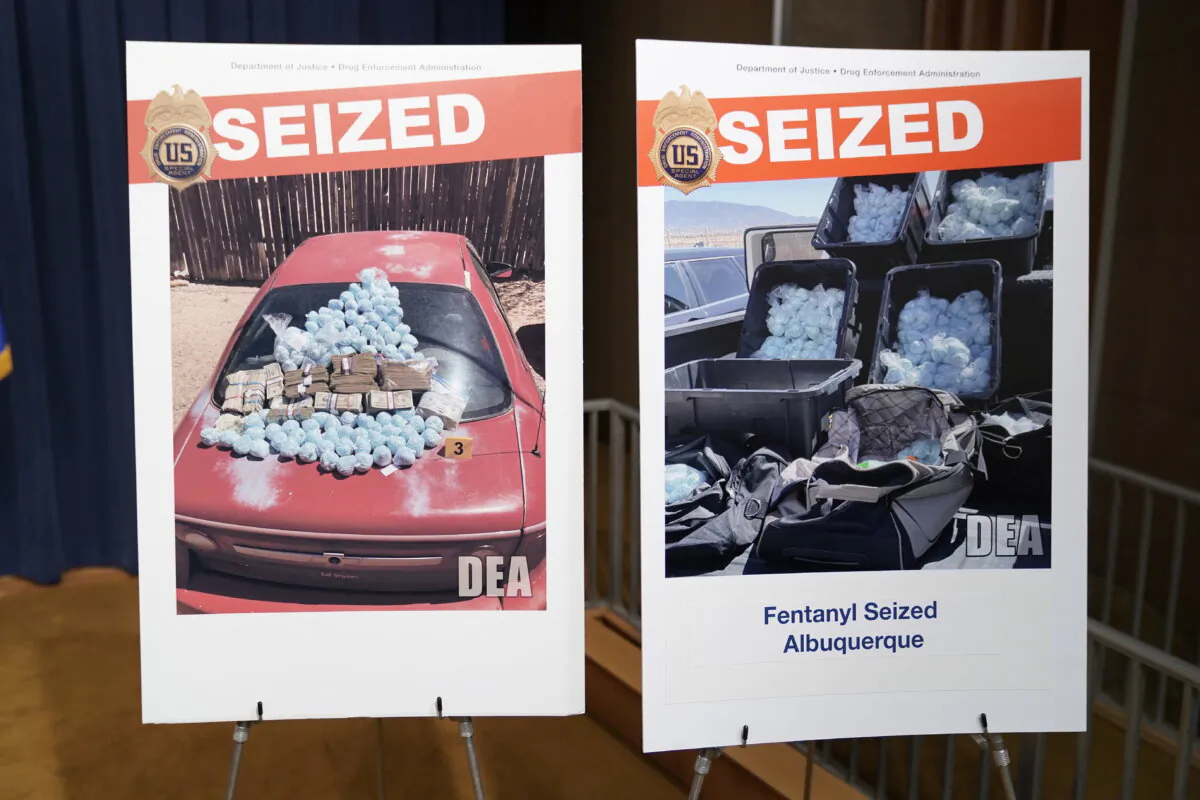 Posters showing seized drugs before Attorney General Pam Bondi held a press conference at the Treasury Department in Washington on May 6, 2025. (Oliver Contreras/AFP via Getty Images)