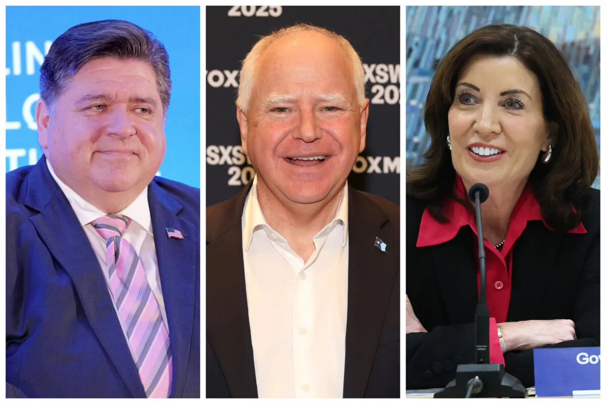 (Left) Illinois Gov. J. B. Pritzker at New York Hilton Midtown in New York City on Sept. 24, 2024. (Center) Minnesota Gov. Tim Walz at SXSW in Austin, Texas, on March 8, 2025. (Right) New York Gov. Kathy Hochul speaks during the MTA Board's monthly meeting at Grand Central Madison in New York City on Feb. 26, 2025. (Craig Barritt/Getty Images for Clinton Global Initiative; Rick Kern/Getty Images for Vox Media; Michael M. Santiago/Getty Images)