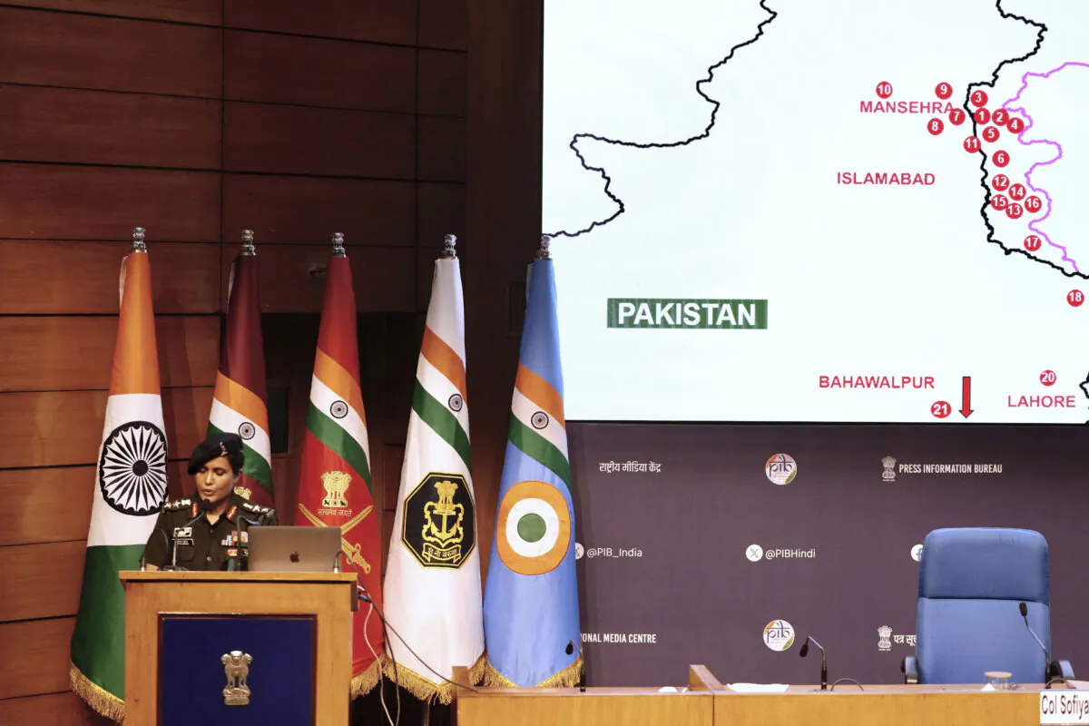 Col. Sofiya Qureshi of the Indian army addresses a press conference, following air strikes against alleged terrorist targets—in New Delhi, India, on May 7, 2025. (Manish Swarup/AP)