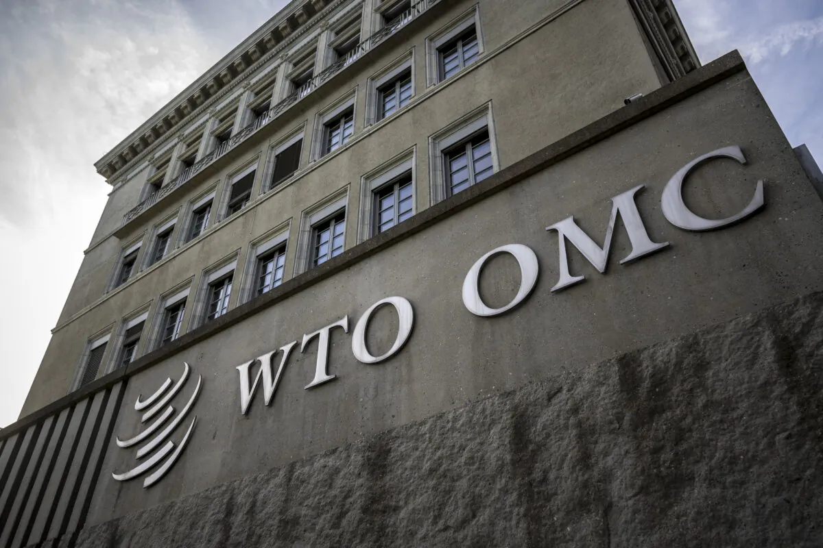 The logo of the intergovernmental World Trade Organization (WTO) at its headquarters in Geneva on Feb. 24, 2024. (Fabrice Coffrini/AFP via Getty Images)
