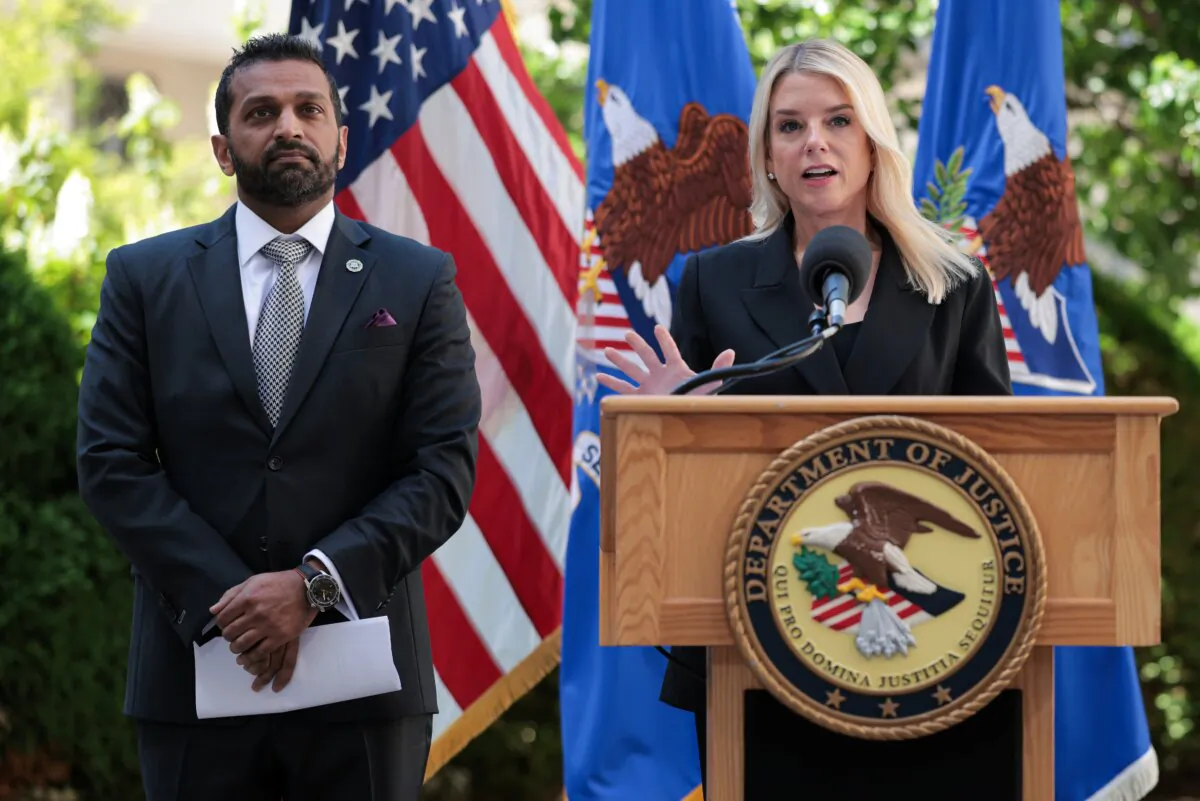 Director of the Federal Bureau of Investigation (FBI) Kash Patel (L) and U.S. Attorney General Pam Bondi speak during a press conference to announce the results of Operation Restore Justice in Washington on May 7, 2025. (Kayla Bartkowski/Getty Images)