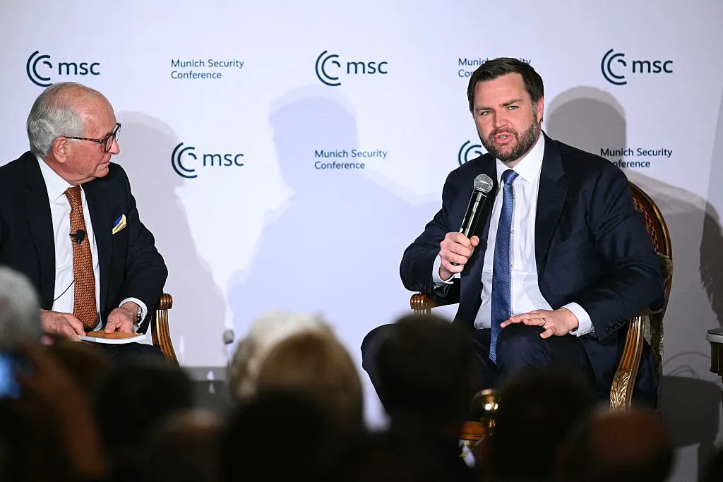 U.S. Vice President JD Vance and Wolfgang Ischinger, president of the Foundation Council, participate in a discussion at the Munich Security Conference at the Willard Hotel in Washington, on May 7, 2025. (Mandel Ngan/AFP via Getty Images)