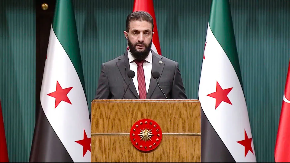 Syrian leader Ahmed al-Sharaa at a news conference in Ankara, Turkey, on Feb. 4, 2025. (Anadolu Agency/Reuters)