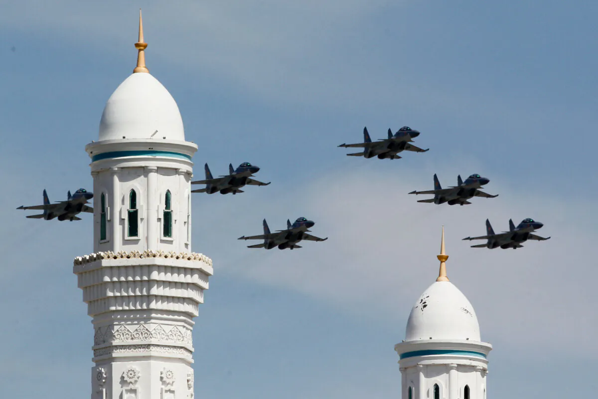 Kazakh military aircraft fly during a military parade marking the 80th anniversary of the Soviet Union's victory over Nazi Germany in WWII, in central Astana on May 7, 2025. (Stanislav Filippov/AFP via Getty Images)