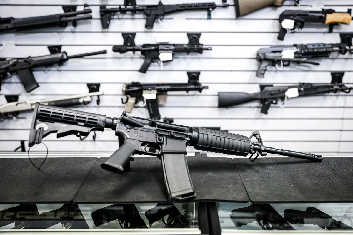 An AR-15 semi-automatic rifle at a gun shop in Richmond, Va., on Jan. 13, 2020. (Samira Bouaou/The Epoch Times)