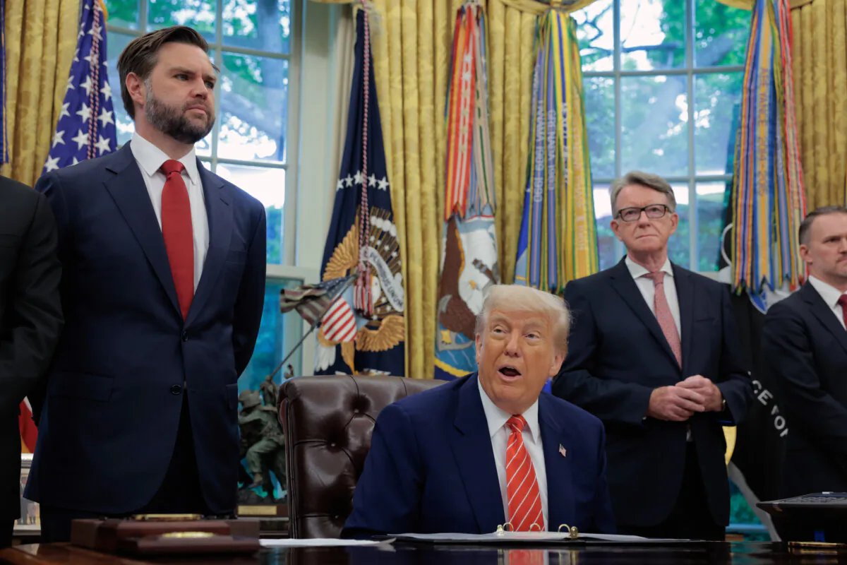 President Donald Trump along with Vice President JD Vance and Peter Mandelson, British ambassador to the United States, address reporters in the Oval Office at the White House on May 8, 2025. (Anna Moneymaker/Getty Images)