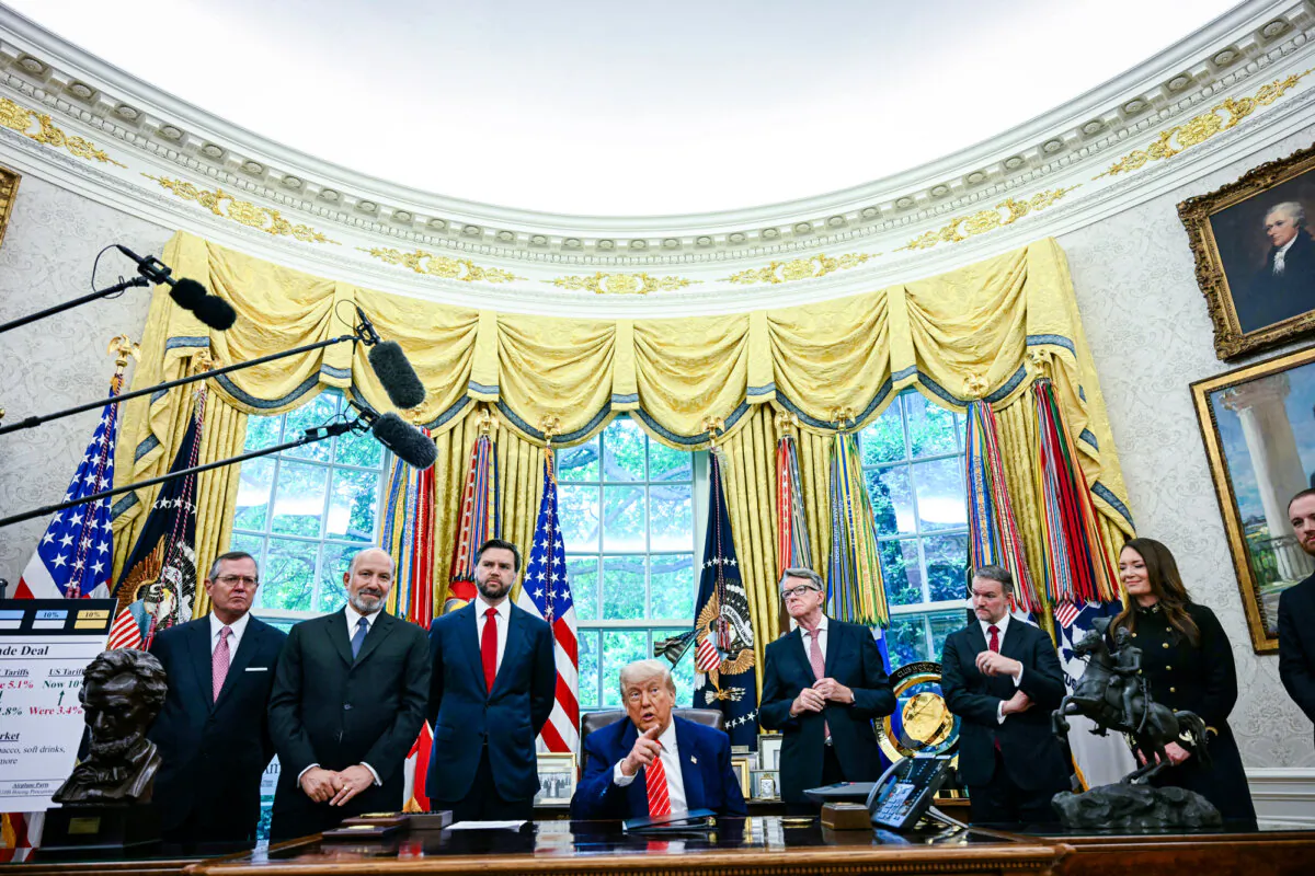 President Donald Trump makes a trade announcement as (2nd L–R) Secretary of Commerce Howard Lutnick, Vice President JD Vance, British Ambassador to the United States Peter Mandelson, U.S. Trade Representative Jamieson Greer, and Secretary of Agriculture Brooke Rollins look on in the Oval Office on May 8, 2025. Trump on May 8 announced a trade agreement with the United Kingdom, which is the first by the United States since Trump announced his April 2 tariff plans. (Jim Watson/AFP via Getty Images)
