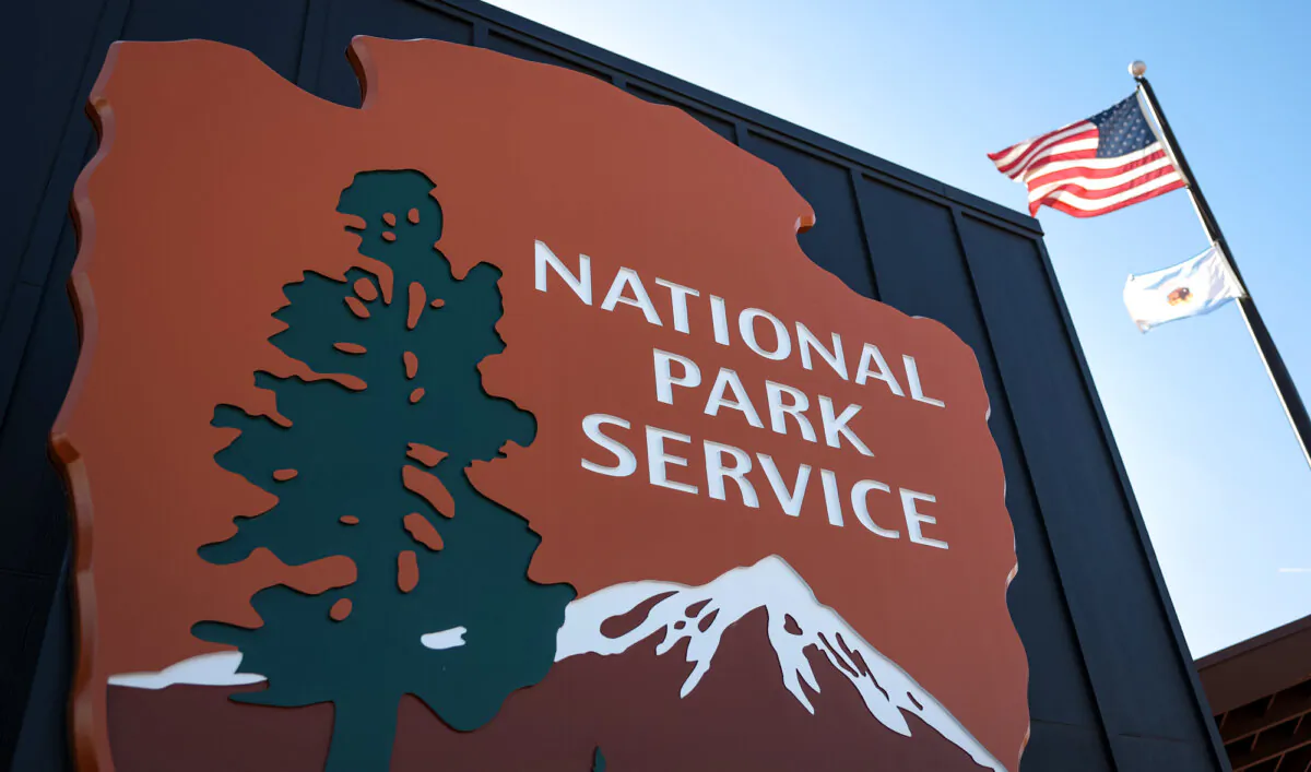 The National Park Service logo at a Joshua Tree National Park visitor center in Twentynine Palms, Calif., on Feb. 20, 2025. (Mario Tama/Getty Images)