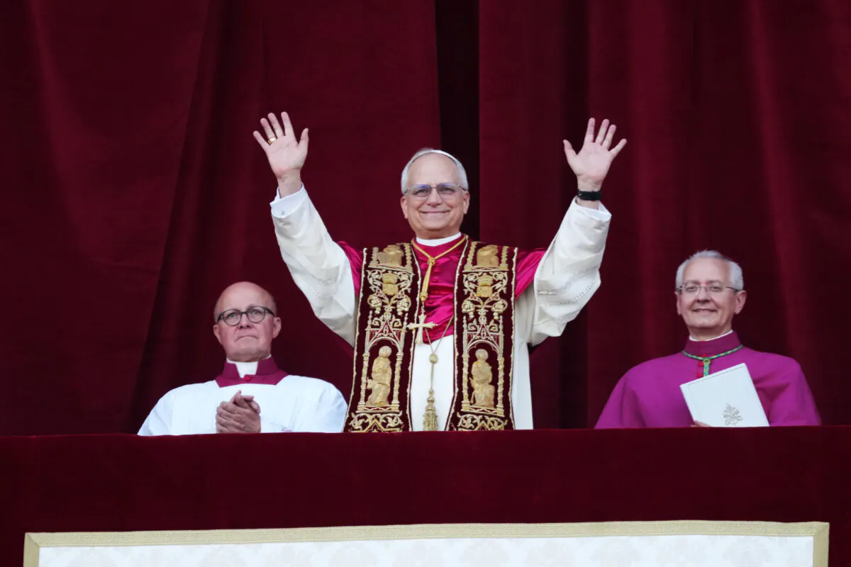 Newly elected Pope Leo XIV is seen for the first time from the Vatican balcony in Vatican City on May 8, 2025. (Christopher Furlong/Getty Images)