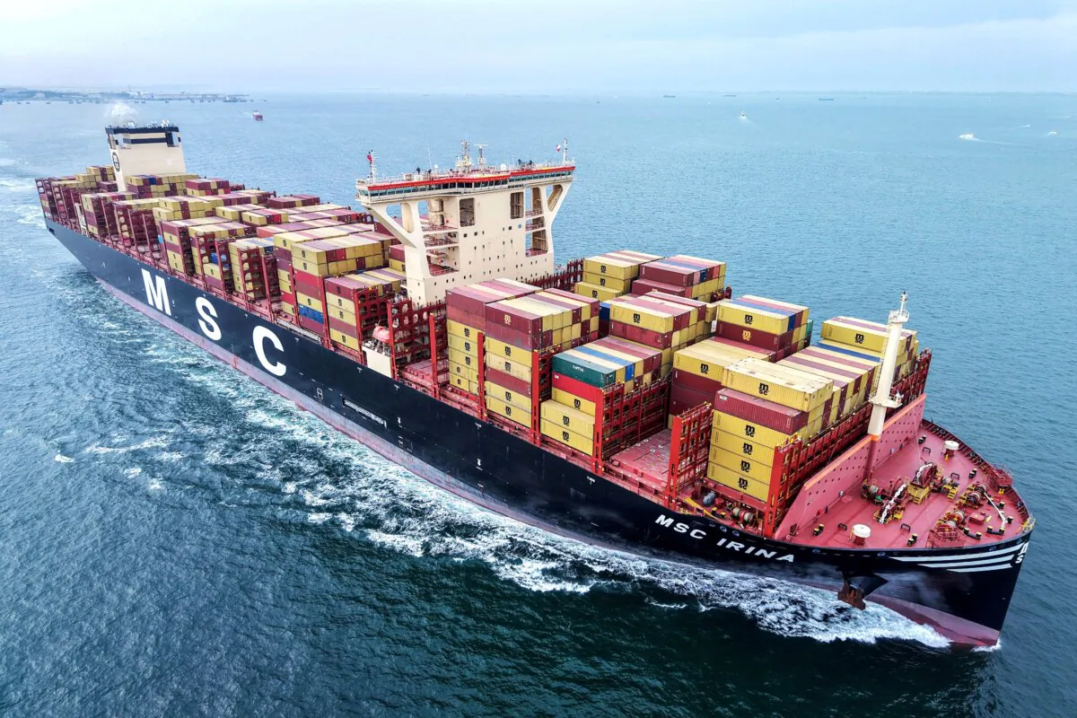 A cargo ship loaded with containers leaves the port in Qingdao, China, on May 7, 2025. (AFP via Getty Images)