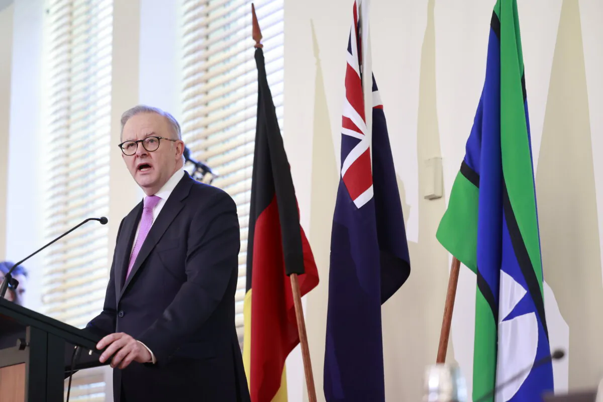 Prime Minister Anthony Albanese speaks to members of the Labor government in the caucus meeting in Canberra, Australia on May 9, 2025. (Hilary Wardhaugh/Getty Images)