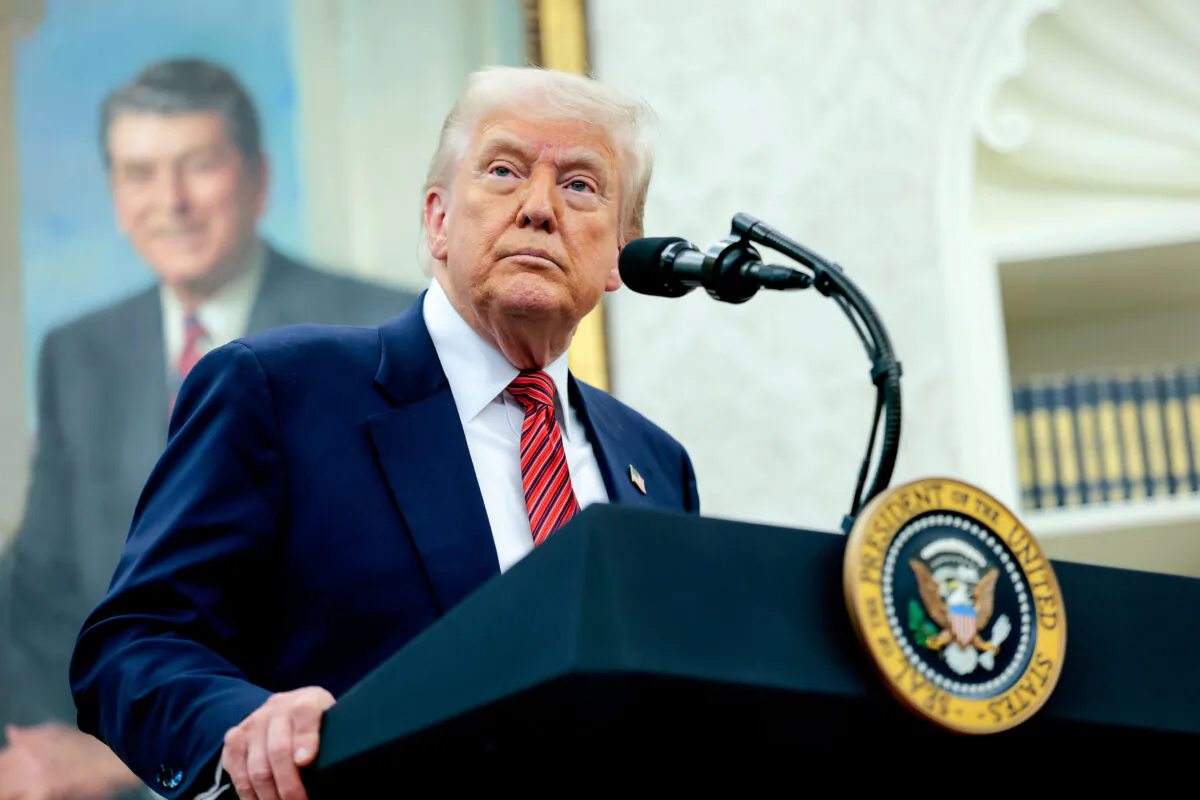 President Donald Trump speaks during a swearing-in ceremony for new U.S. Ambassador to China David Perdue in the Oval Office at the White House in Washington on May 7, 2025. (Anna Moneymaker/Getty Images)