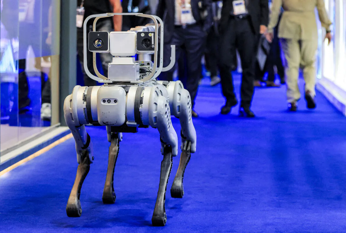 A dog-shaped robot unit by Chinese company Unitree is presented at a demonstration during the World Police Summit 2023 in Dubai, United Arab Emirates, on March 7, 2023. (Karim Sahib/AFP via Getty Images)